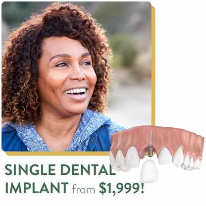 Smiling woman outdoors with curly hair, wearing a blue jacket. A dental implant graphic is shown. Text reads, 